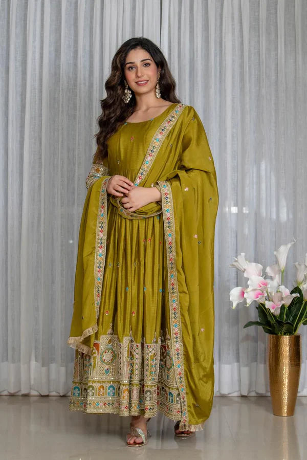 simran's goldenhour cinon silk anarkali suit set