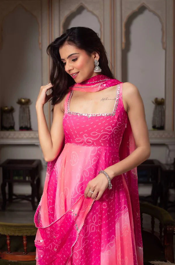 rangrisha pink leheriya anarkali set