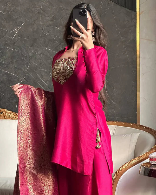 bejeweled pink heavy kurta set with dupatta