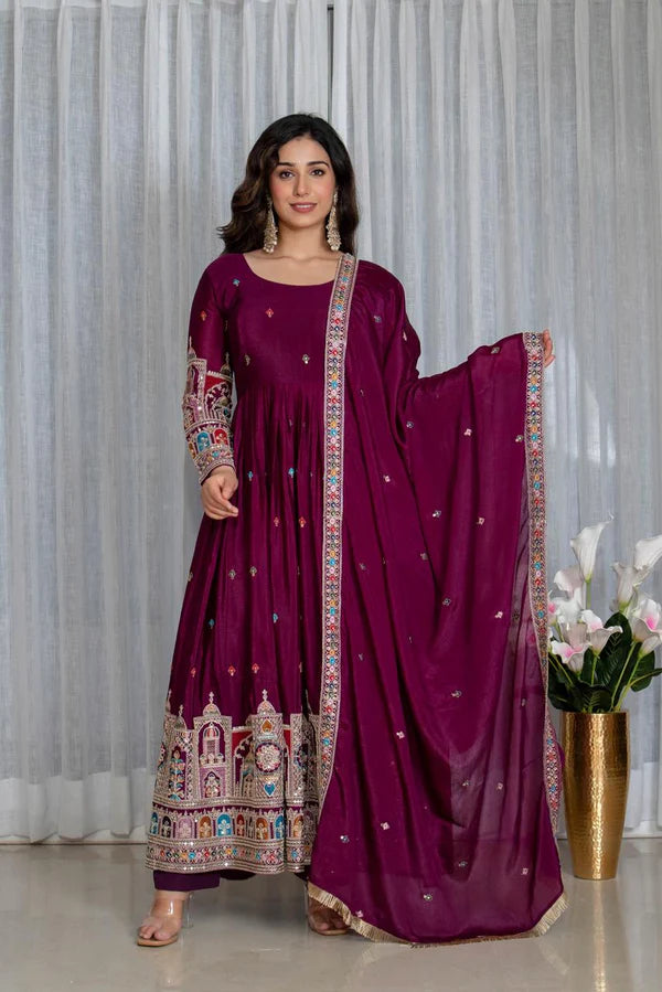 simran's wine canvas cinon silk anarkali suit set
