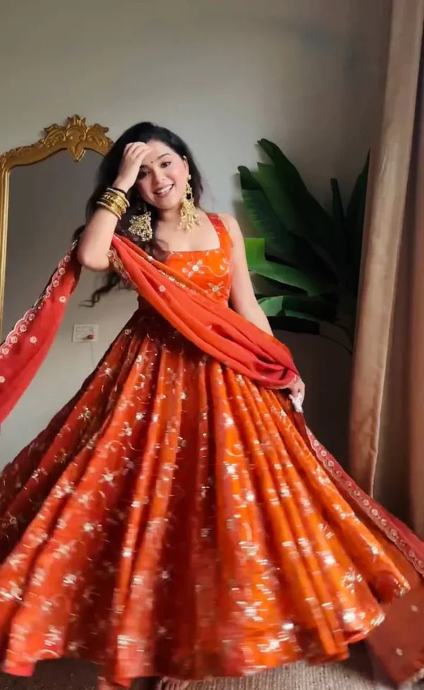 radiant elegance orange embroidered anarkali