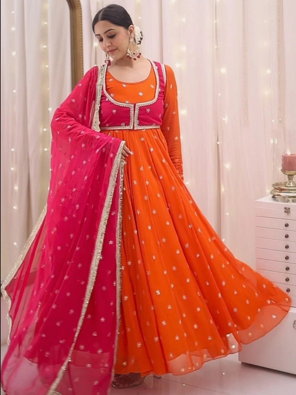 faux georgette anarkali gown with koti, dupatta & pant