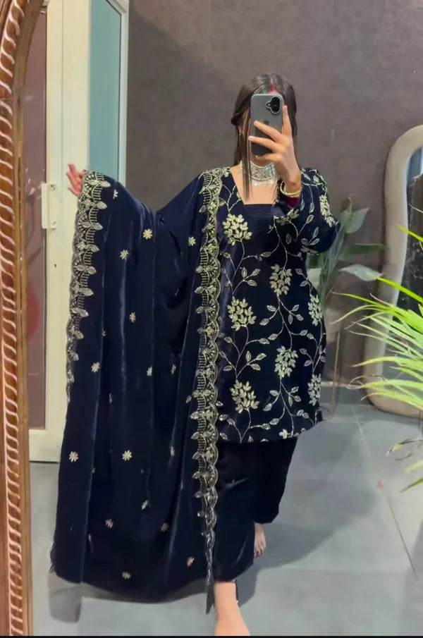 mehrin blue heavy viscose velvet suit set