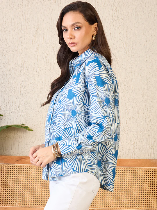 retro bloom blue & white button-down shirt