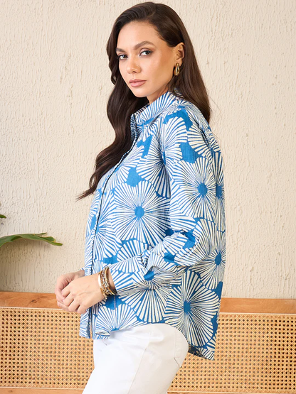 Retro Bloom Blue & White Button-Down Shirt