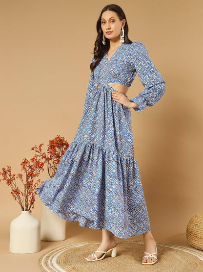 Round Hexa Shape Bluish V-Neck Long Dress With Back Cut-Out - Snowera