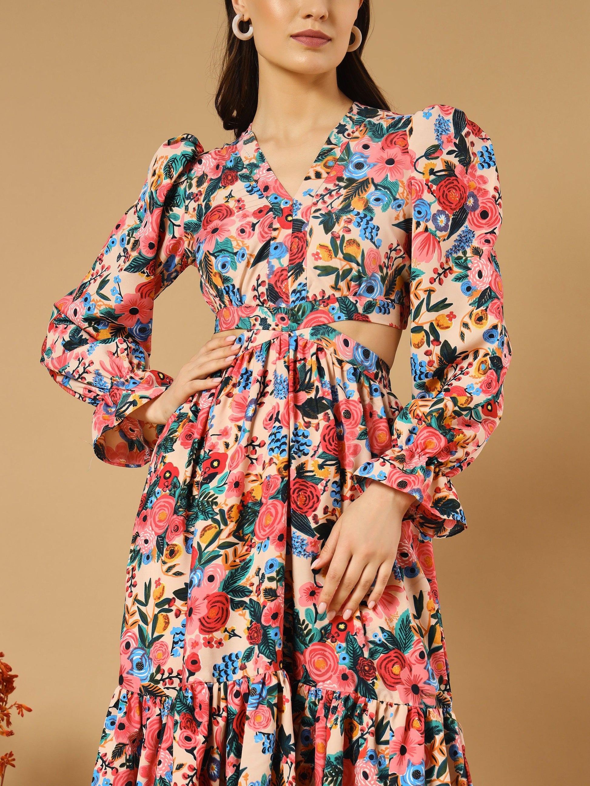 Reddish Flowery V-Neck Long Dress With Back Cut-Out - Snowera