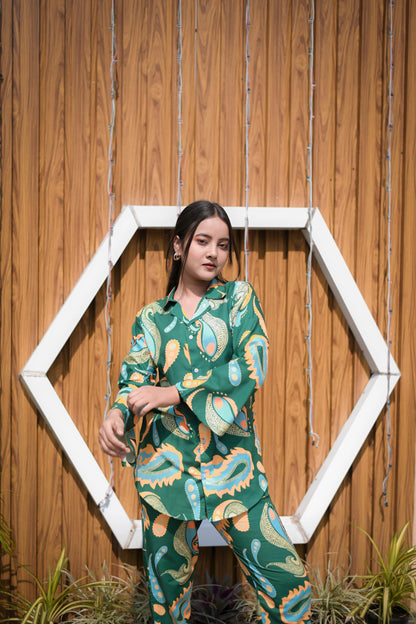 Green Printed Rayon Co-ord Set with Button-Up Shirt