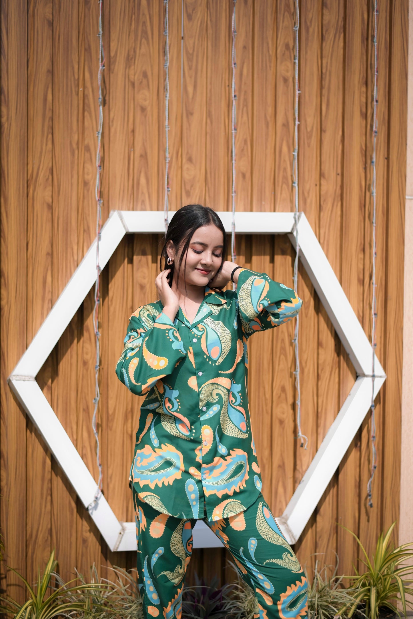 green printed rayon co-ord set with button-up shirt