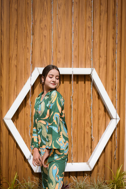 Green Printed Rayon Co-ord Set with Button-Up Shirt