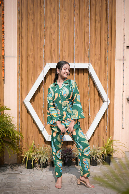 Green Printed Rayon Co-ord Set with Button-Up Shirt