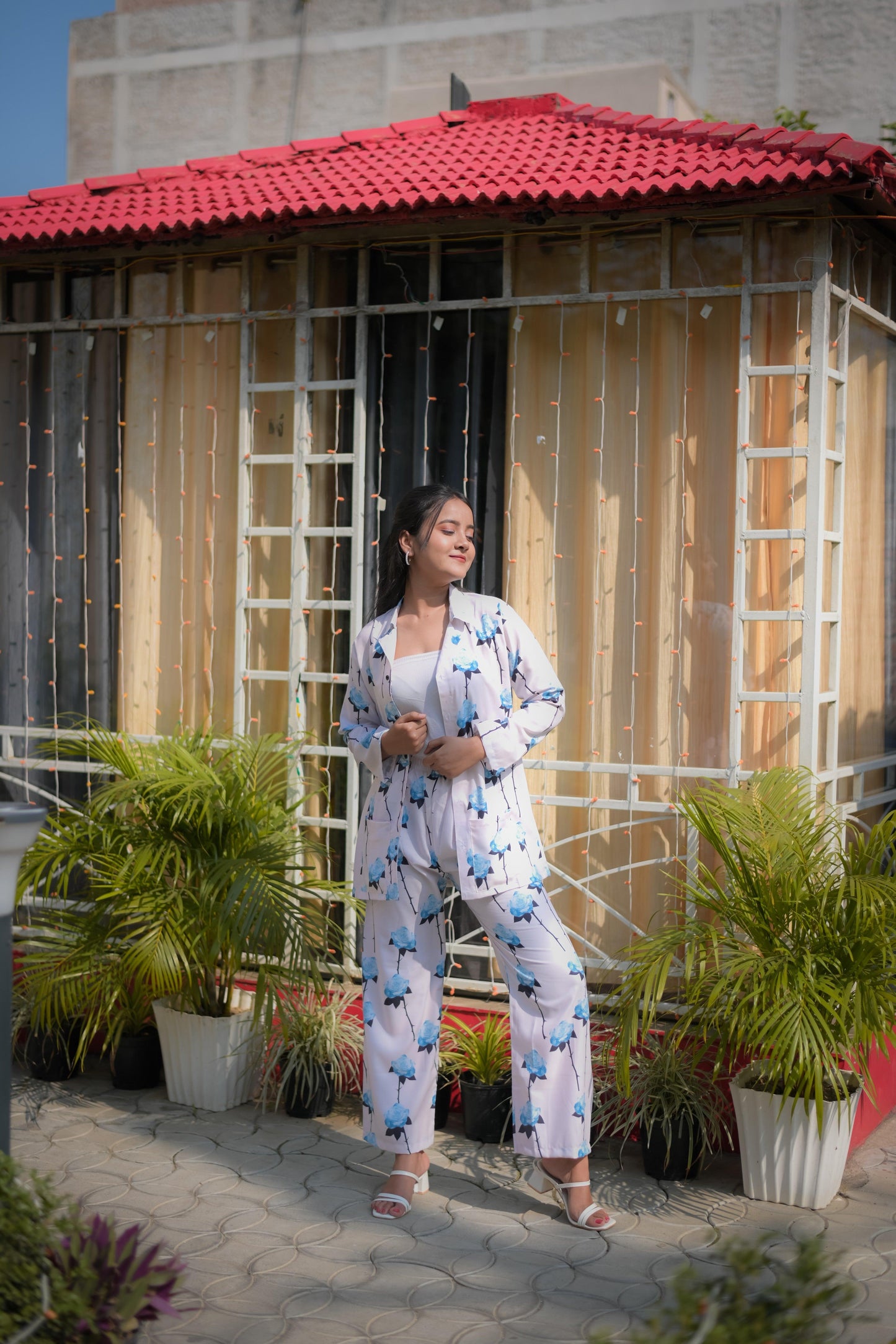 floral print rayon co-ord set with black piping detail