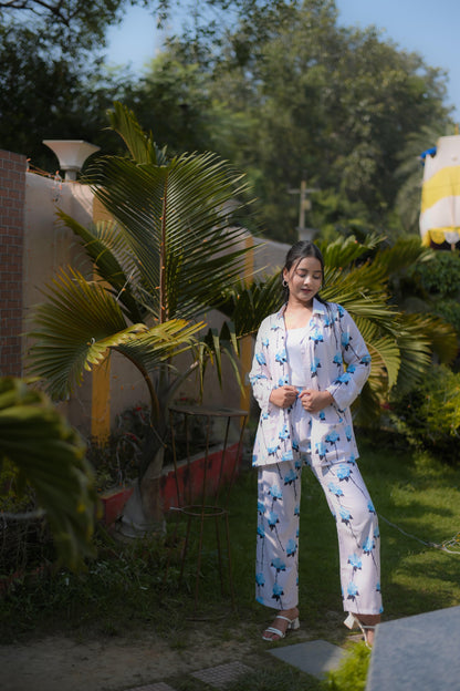 Floral Print Rayon Co-ord Set with Black Piping Detail