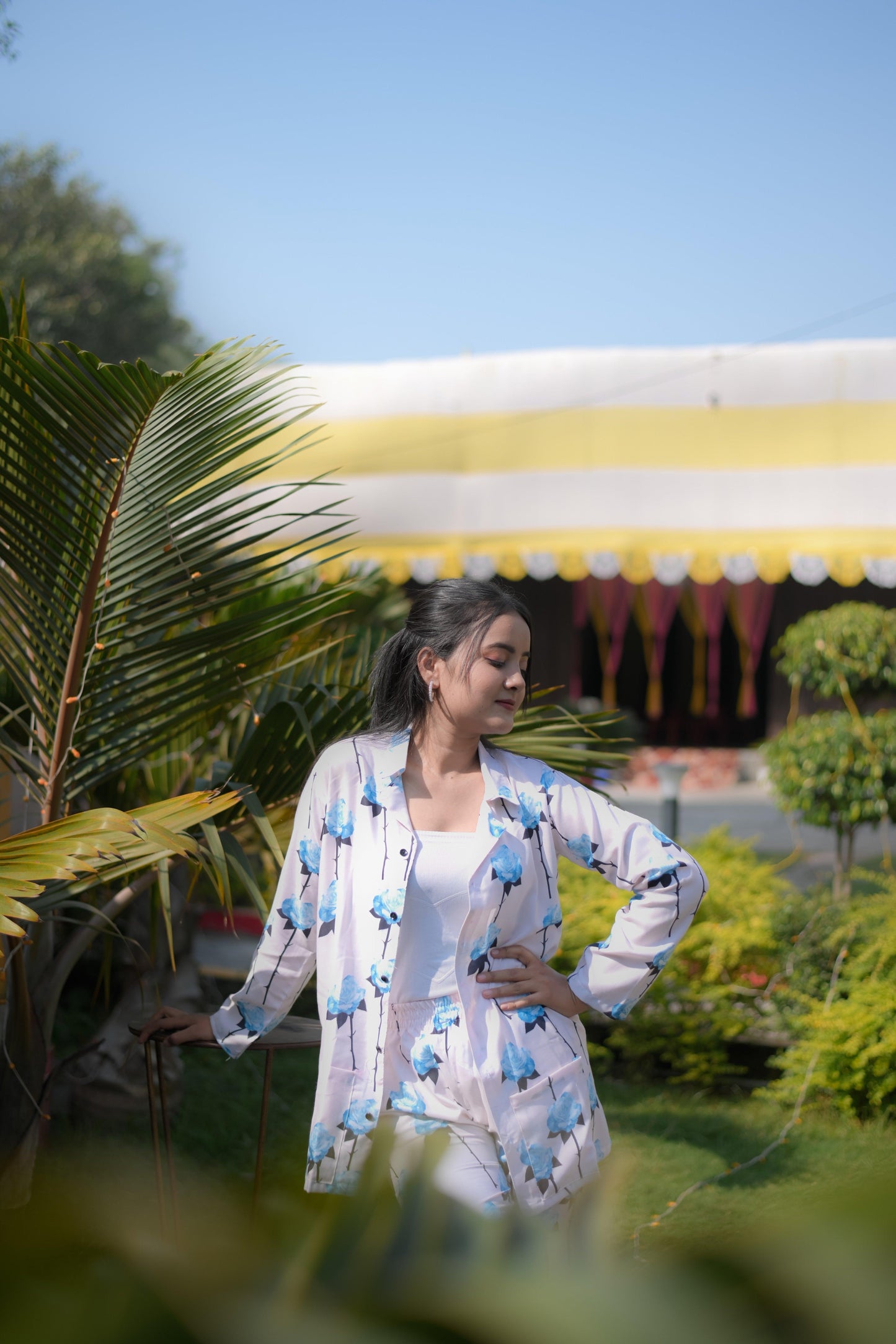 floral print rayon co-ord set with black piping detail