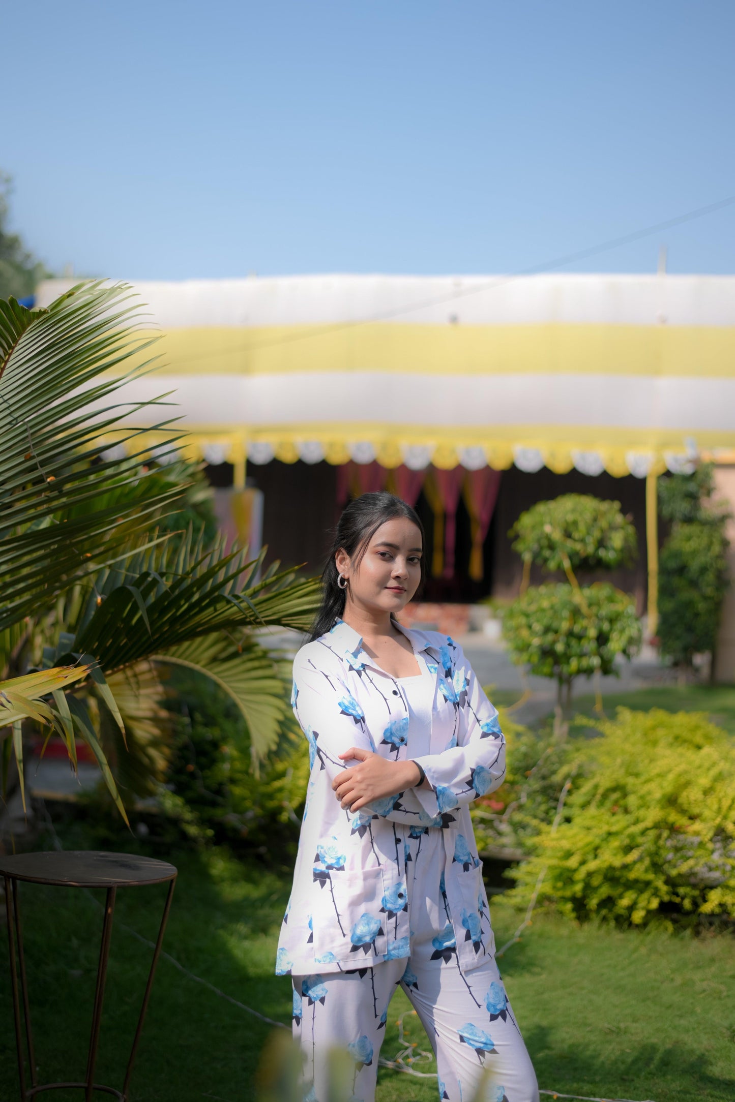 floral print rayon co-ord set with black piping detail