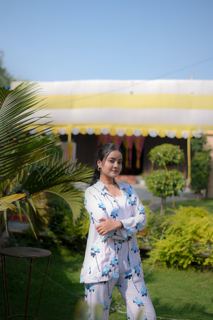 Floral Print Rayon Co-ord Set with Black Piping Detail