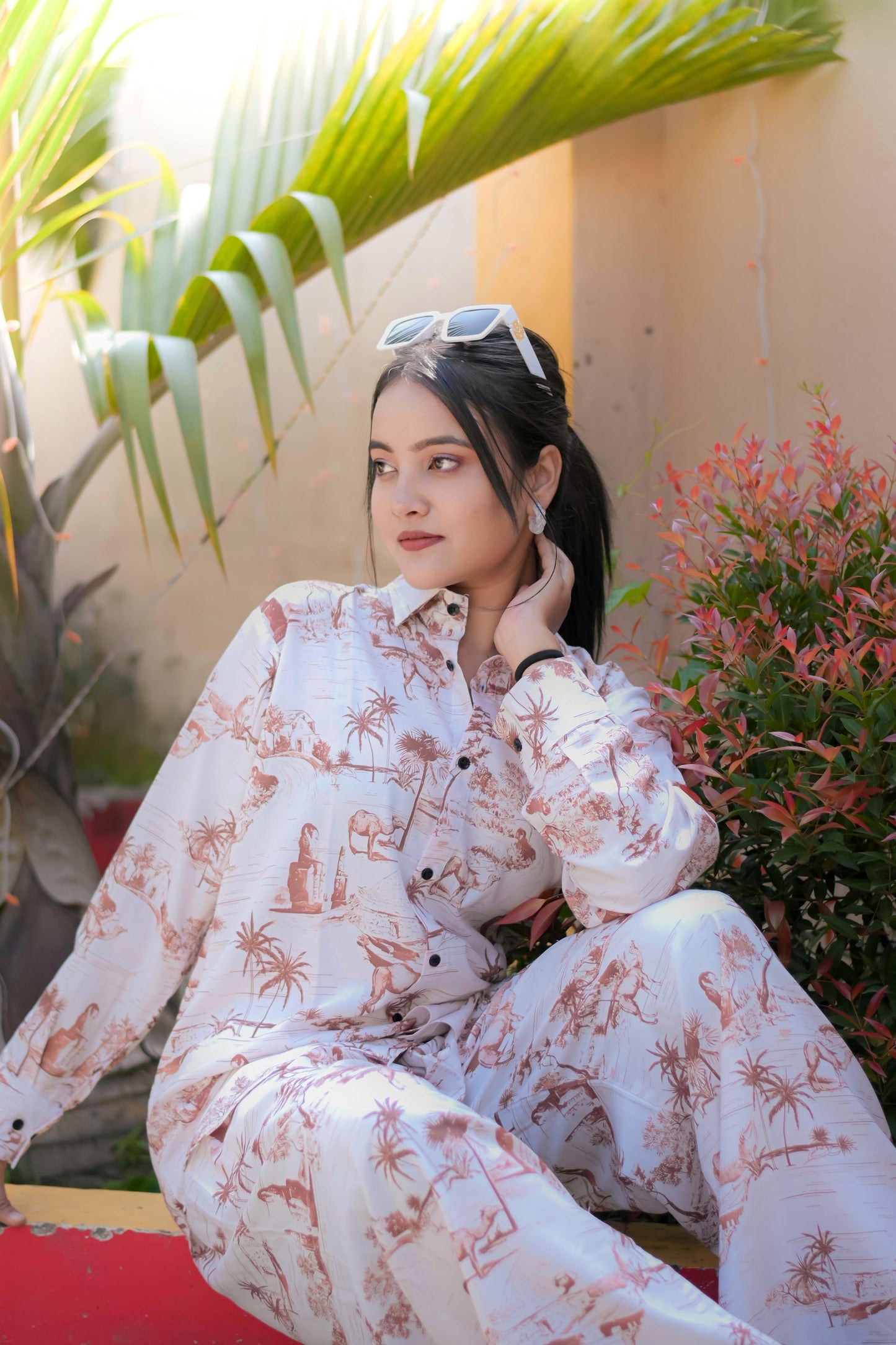 cream & brown tribal print rayon co-ord set