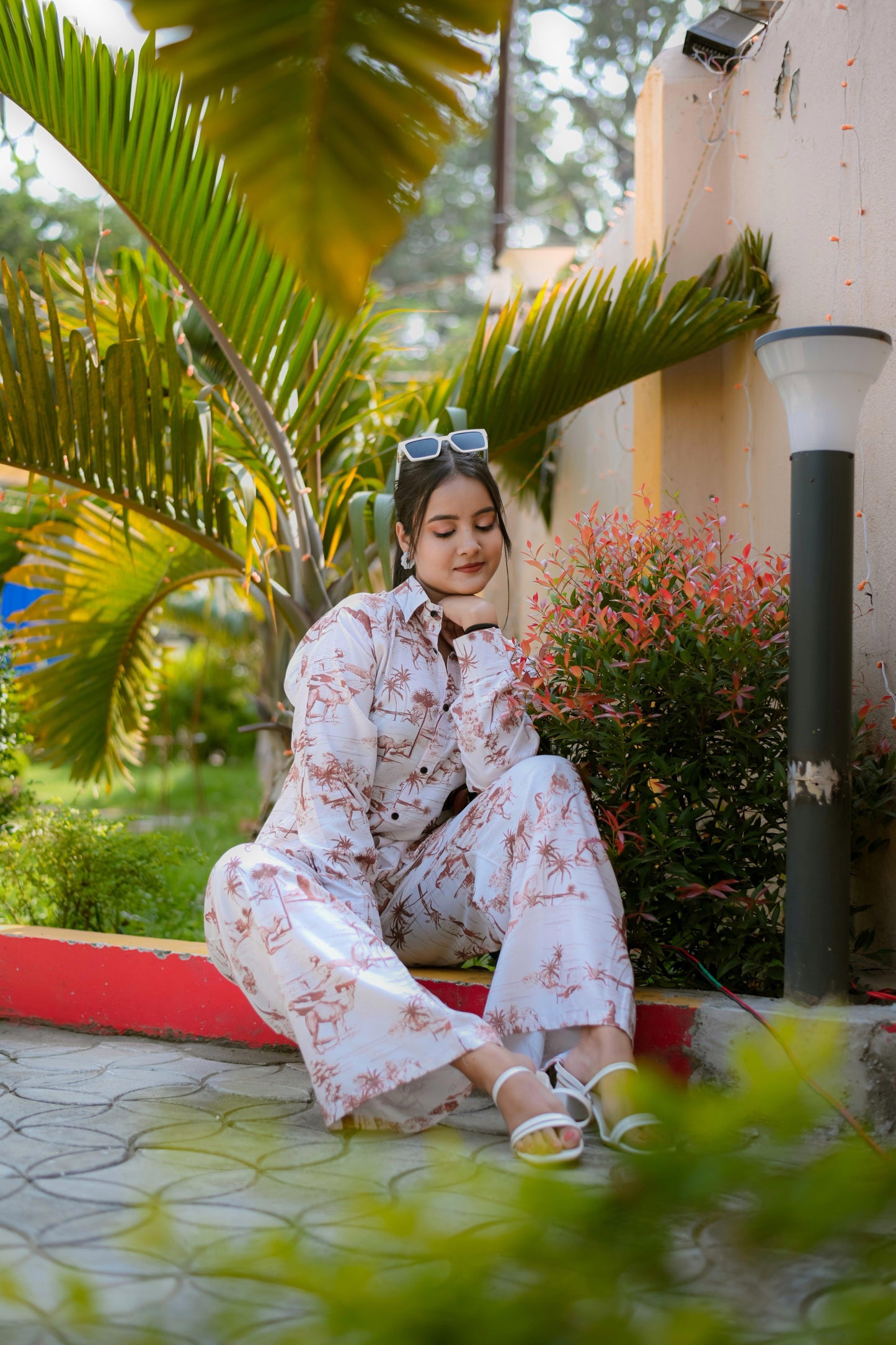 cream & brown tribal print rayon co-ord set