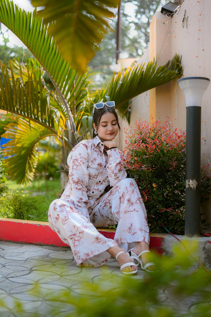 Cream & Brown Tribal Print Rayon Co-ord Set