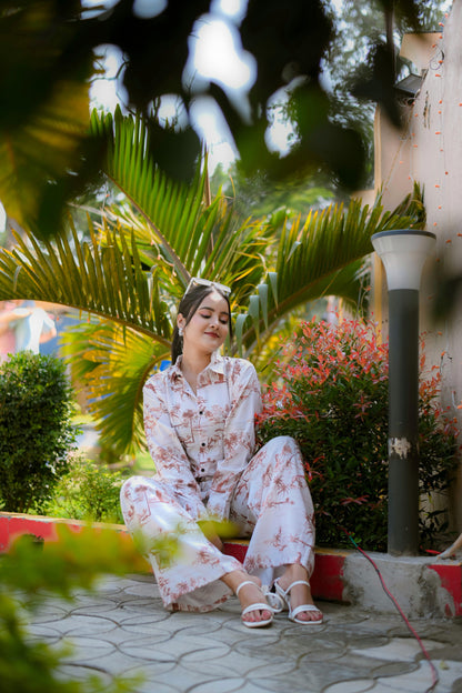 Cream & Brown Tribal Print Rayon Co-ord Set