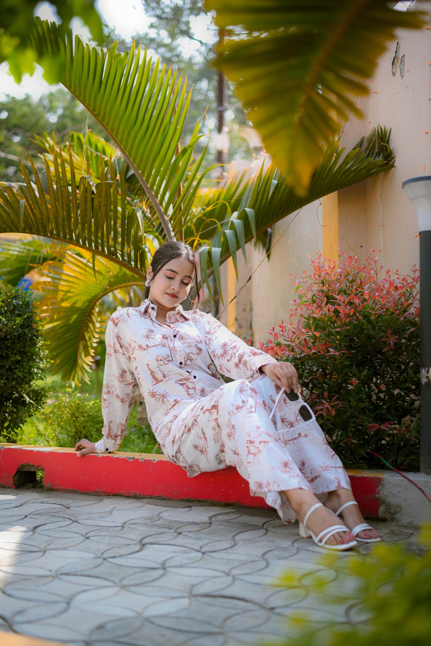 cream & brown tribal print rayon co-ord set