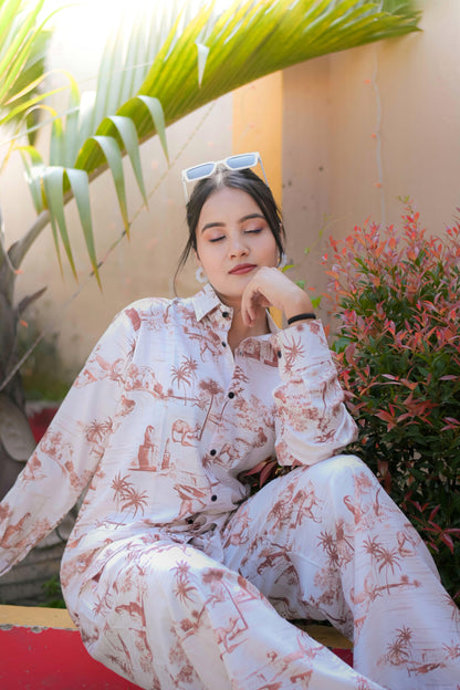 Cream & Brown Tribal Print Rayon Co-ord Set