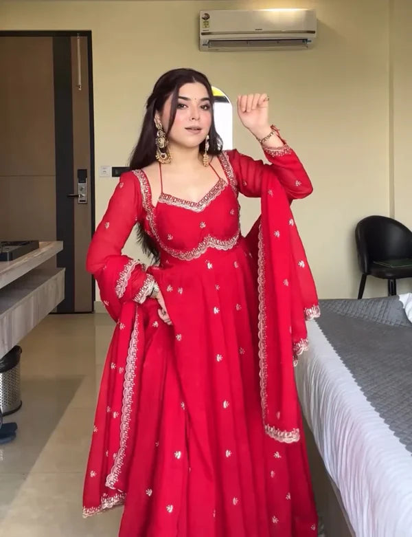 neha's red embroidered anarkali