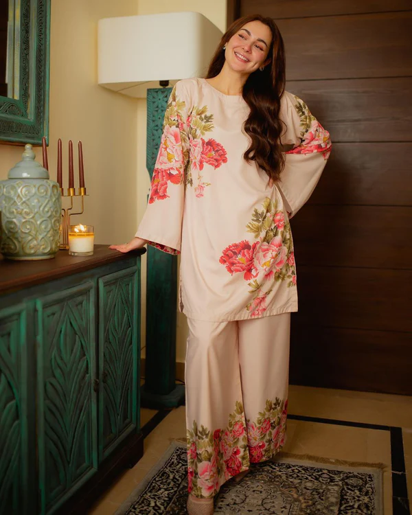 light beige floral rayon co-ord set with flared sleeves