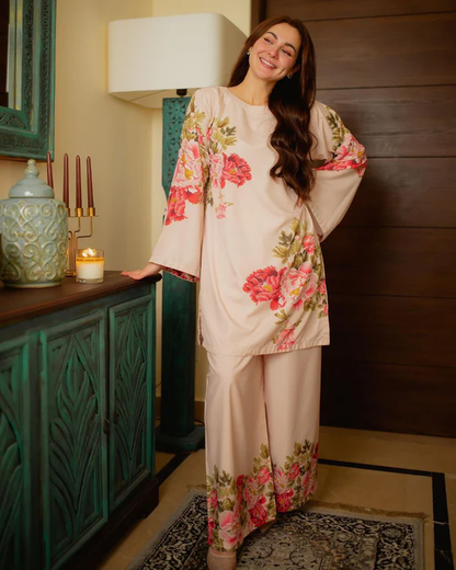 Light Beige Floral Rayon Co-ord Set with Flared Sleeves
