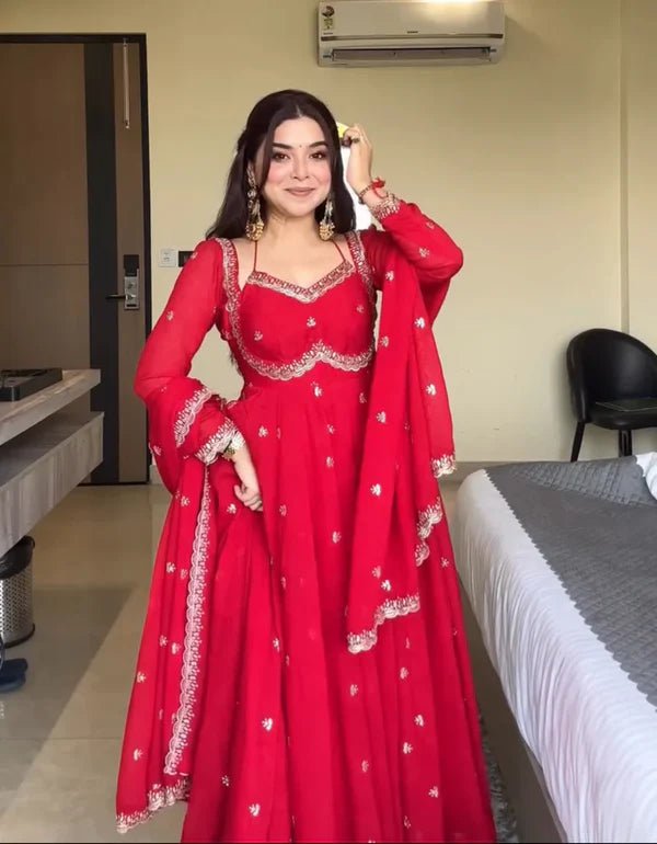 neha's red embroidered anarkali