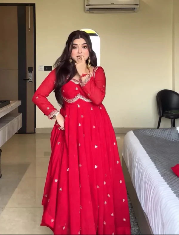 neha's red embroidered anarkali