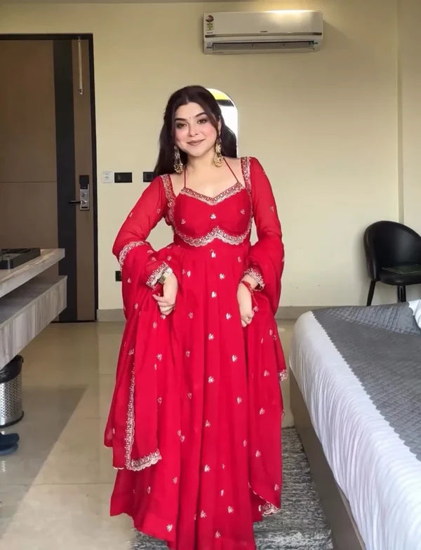 neha's red embroidered anarkali