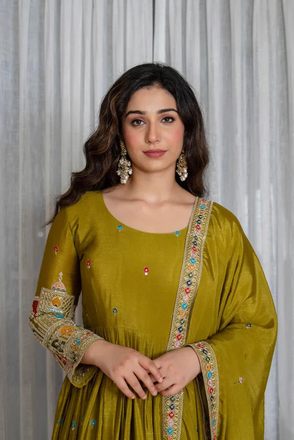 simran's goldenhour cinon silk anarkali suit set