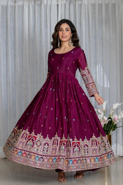 Simran's wine Canvas Cinon Silk Anarkali Suit Set
