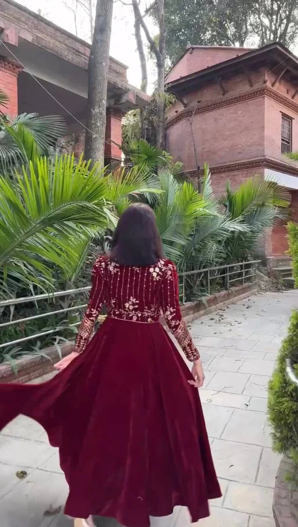 sukena maroon velvet anarkali suit set