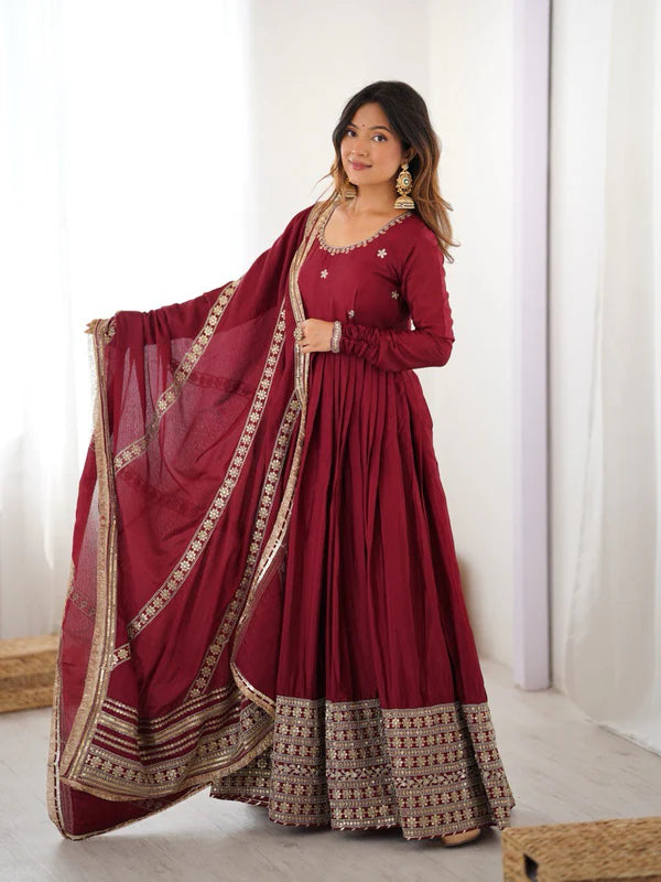 neha's marron colour trending anarkali suit set