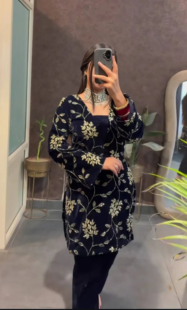 mehrin blue heavy viscose velvet suit set