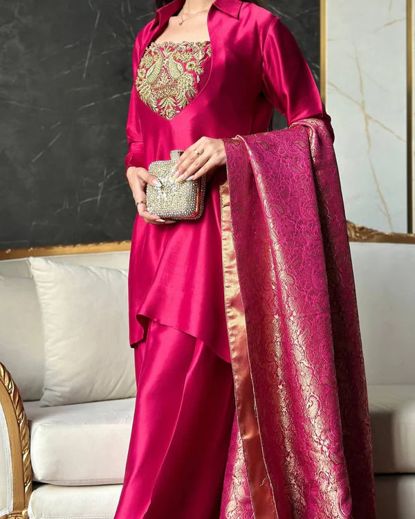 bejeweled pink heavy kurta set with dupatta
