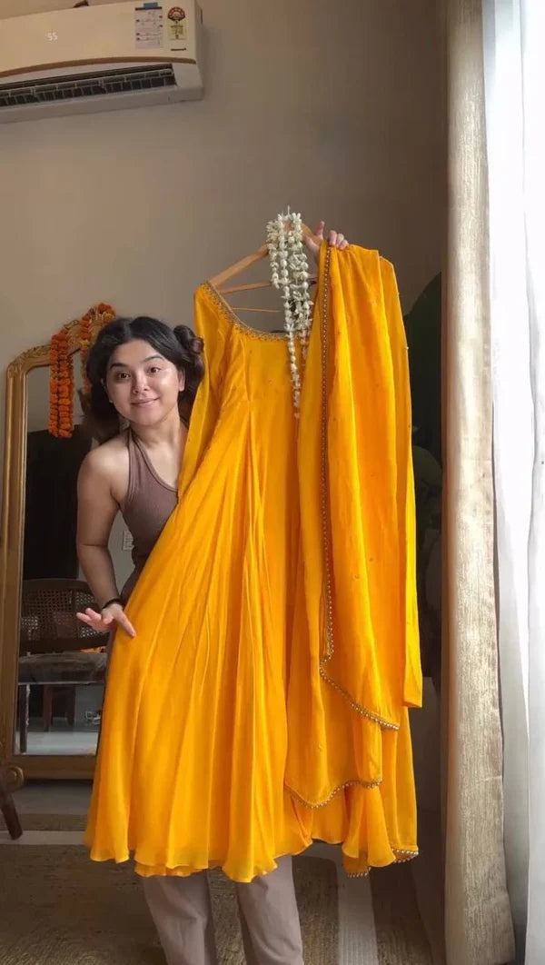 amber glow yellow georgette anarkali suit set