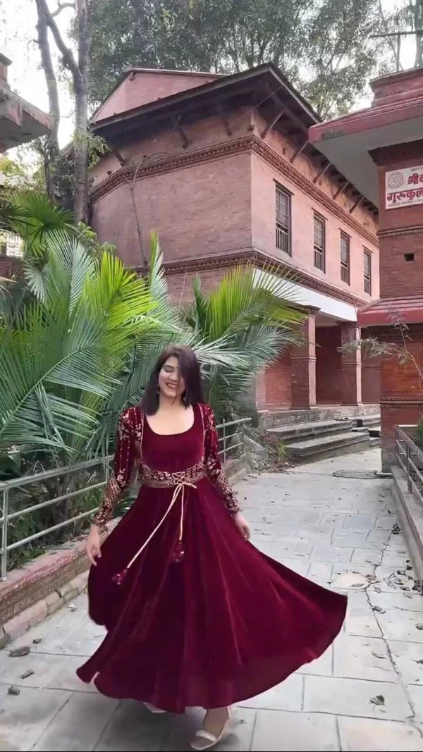 sukena maroon velvet anarkali suit set