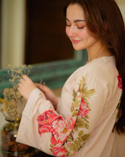 Light Beige Floral Rayon Co-ord Set with Flared Sleeves