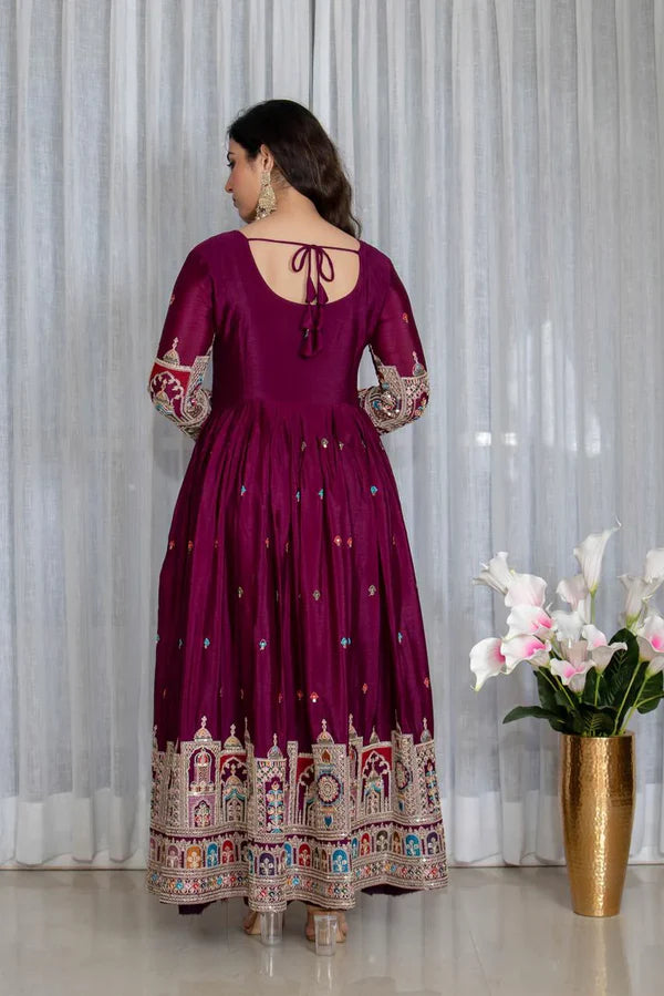 simran's wine canvas cinon silk anarkali suit set