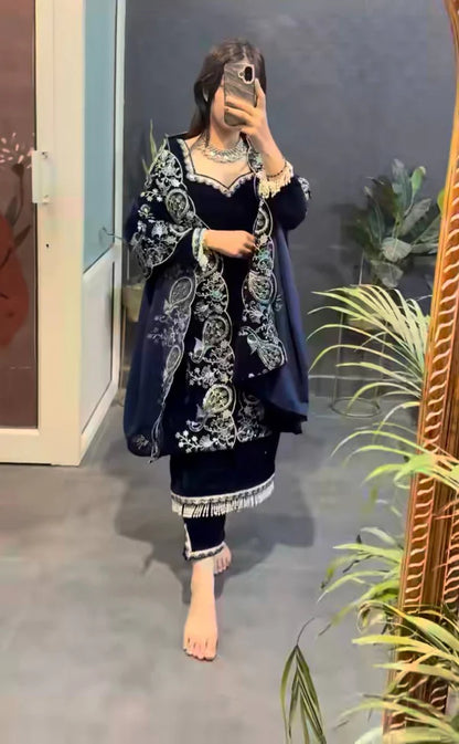 Midnight Noor Velvet Embroidered Suit Set