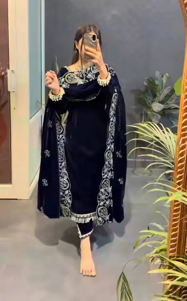 midnight noor velvet embroidered suit set