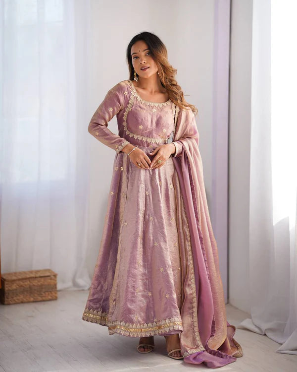 priyanka purple fandy silk anarkali suit set