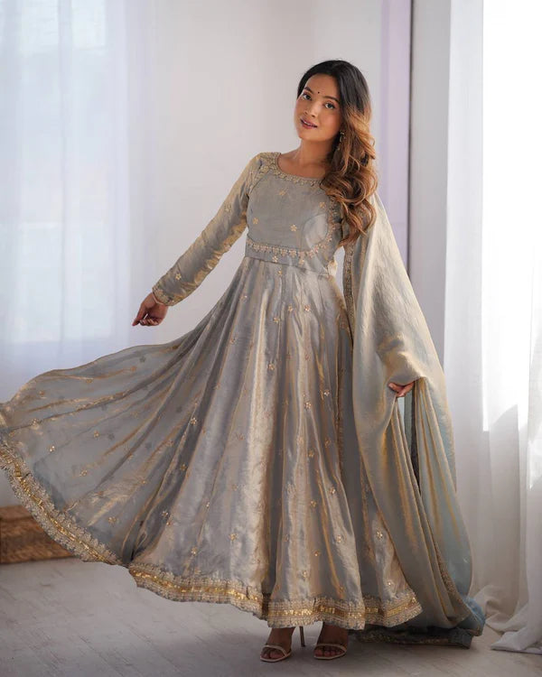 priyanka gray fandy silk anarkali suit set