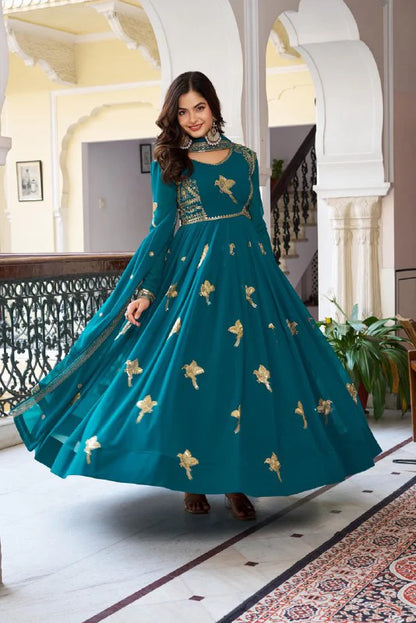 Tavira Regal Teal Bloom Anarkali Suit Set