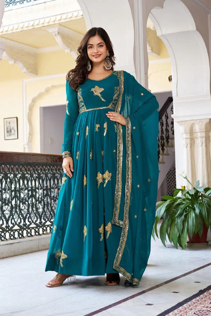 Tavira Regal Teal Bloom Anarkali Suit Set