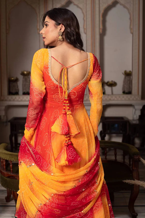 kesariya noor bandhani anarkali suit set