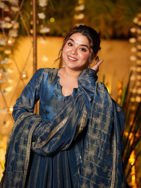 mehrin blue opulence anarkali suit set